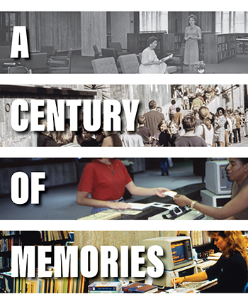Image made up of four photos each cropped to a strip and arranged from top to bottom with a white bar between the images strips. There is a word over each image in a large white font that reads "A Century of Memories"