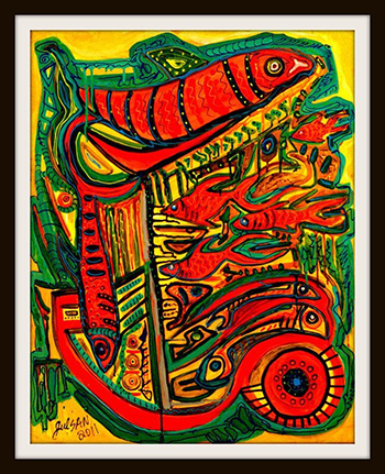 Red, Green, and Blue Abstract Painting of Fish