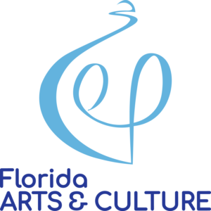 Florida Arts and Culture logo. Logo is a curved blue symbol meant to represent water, flames, creation, and movement. The words "Florida Arts and Culture" are at the bottom.