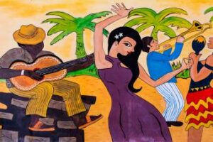 Illustration of a woman dancing while musicians play various instruments