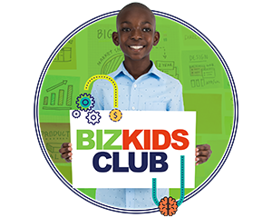 Young adult hold Bizkids Club logo