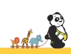 Panda pulls elephant, giraffe, and lion toy-train