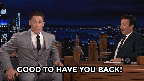 An animated gif of John Cena saying "Good to have you back!" on The Tonight Show starring Jimmy Fallon