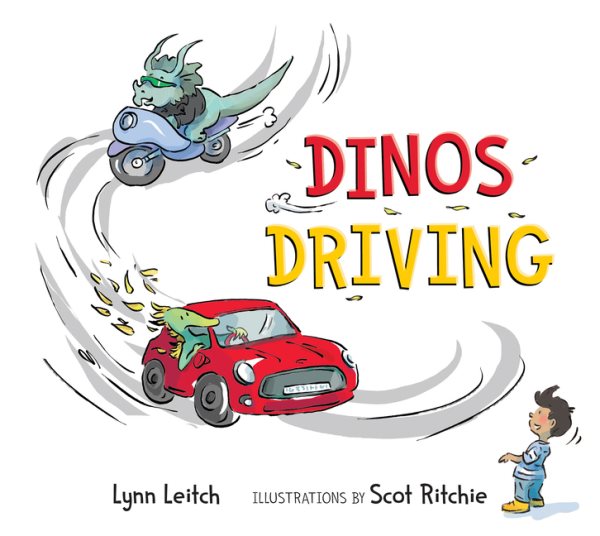 Cover art for Dinos driving / Lynn Leitch   illustrations by Scot Ritchie.