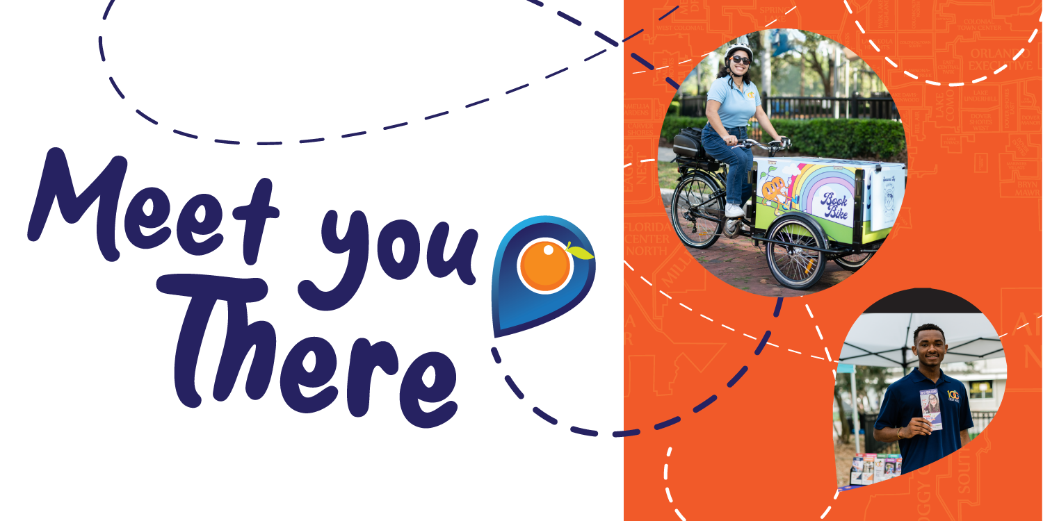 Meet You There. Stylized logo with a map pin containing an orange. Photos of library staff at outdoor events overlayed on an orange map of Orange County.