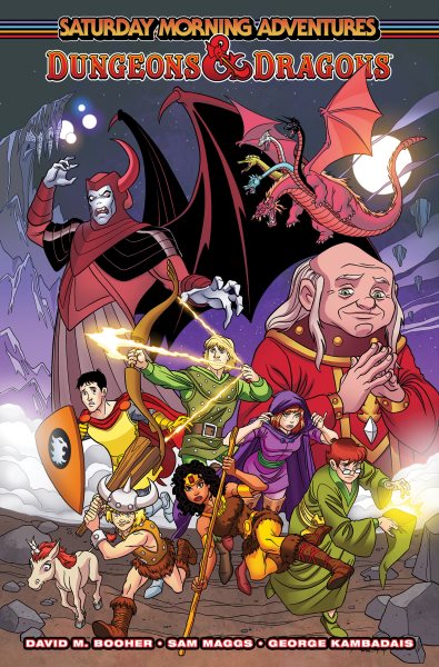 Cover art for Dungeons & dragons : Saturday morning adventures. 1 / written by David M. Booher & Sam Maggs   art by George Kambadais   colors by George Kambadais and Josh Burcham   letters by Ed Dukeshire.