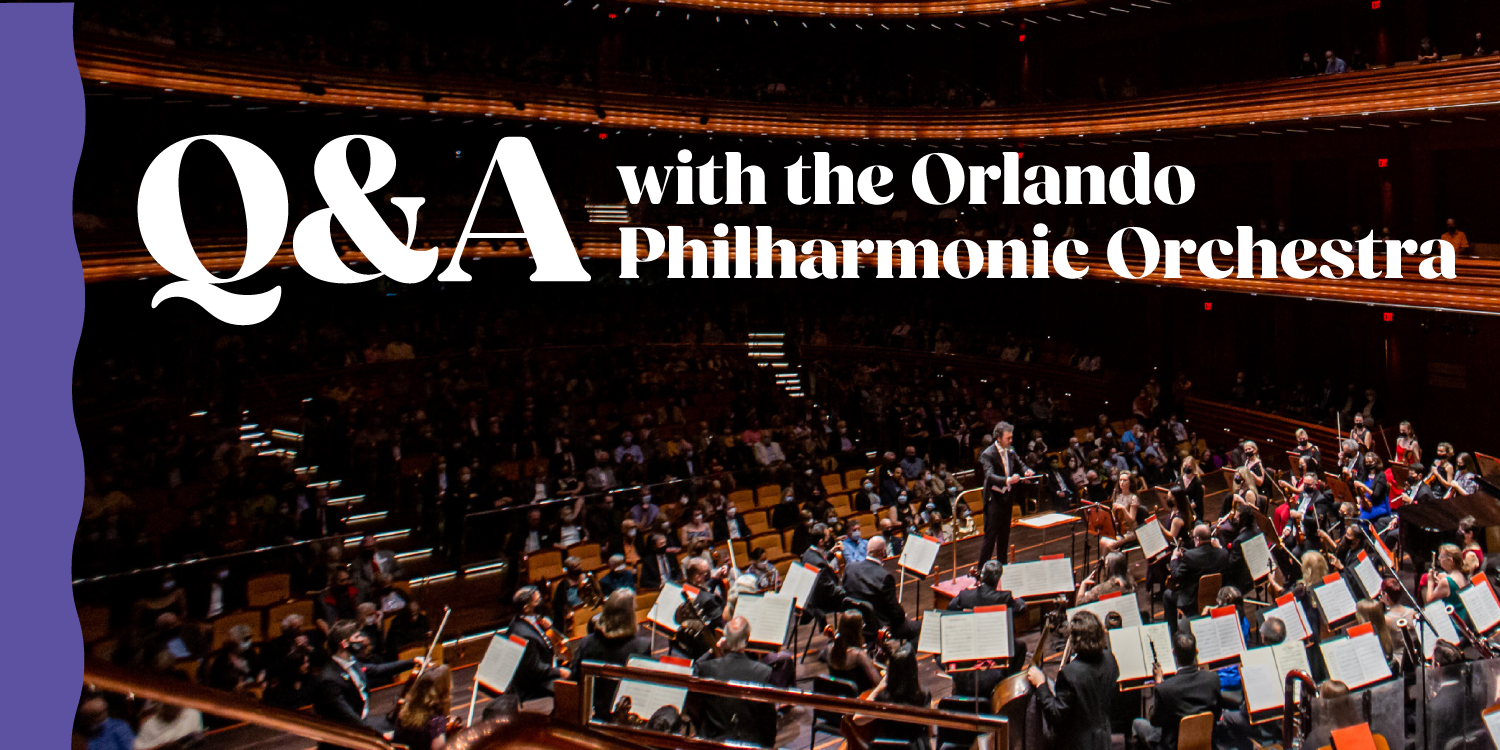 Title: Q&A with the Orlando Philharmonic Orchestra. Image: Orchestra performing in Steinmetz Hall at the Dr. P. Phillips Center for Performing Arts