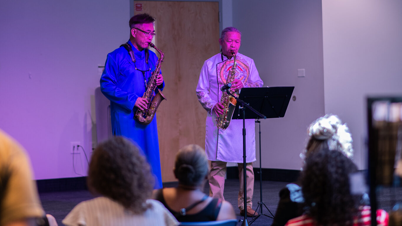 Saxophone duo M2 performing on stage at Chickasaw Branch