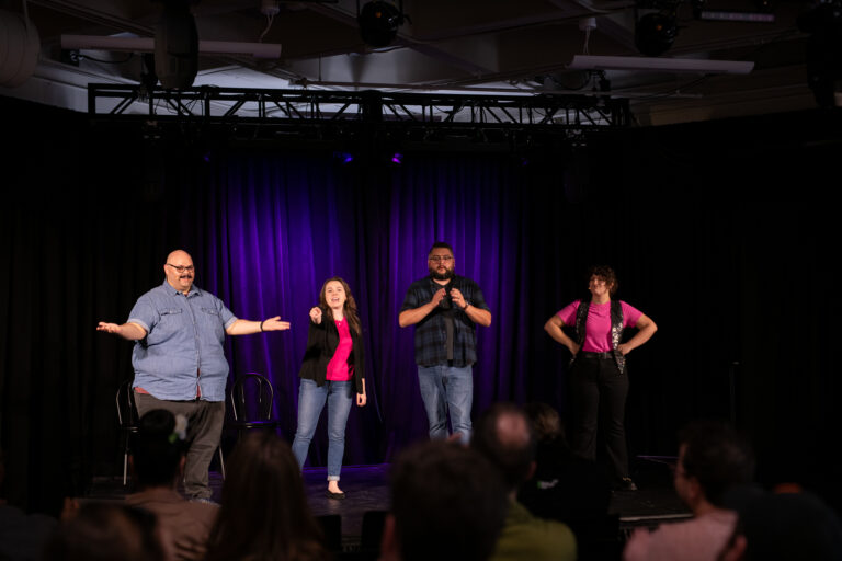 Four members of the Second Saturday Improv troupe on the Melrose Stage