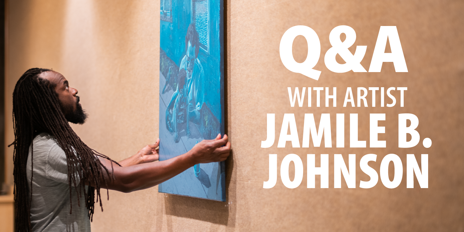 Title: Q&A with Artist Jamile B. Johnson. Image: Jamile B Johnson hanging his artwork at Orlando Public Library