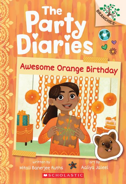 Cover art for Awesome orange birthday / written by Mitali Banerjee Ruths   illustrated by Aaliya Jaleel.