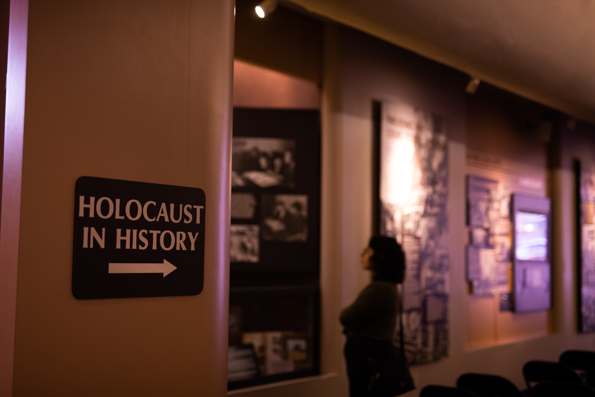 Sign reading: Holocaust in History. Woman standing and looking at exhibit.